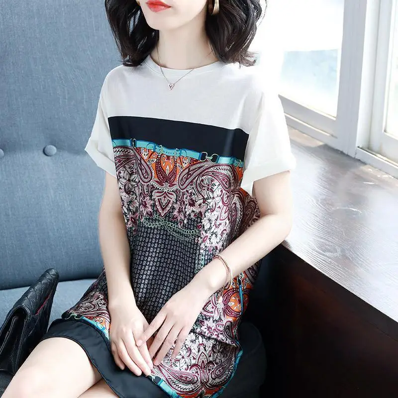 Fashion O-Neck Printed Spliced Loose Korean Mini Dress Women's Clothing 2023 Summer New Short Sleeve Office Lady Vintage Dress