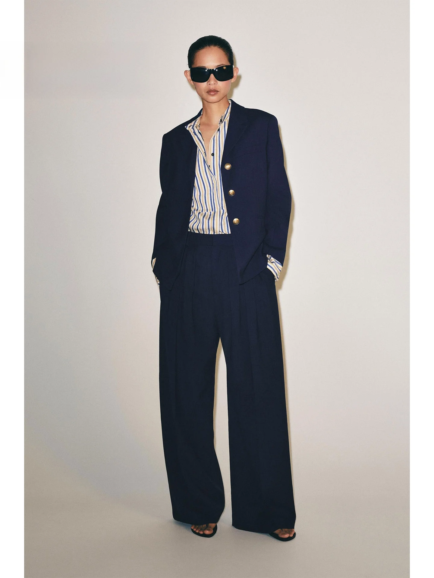 Retro Dark Blue High Waist Pleated Wide Leg Women's Loose Slimming Multi-pleat Design Casual Long Pants Autumn 2026