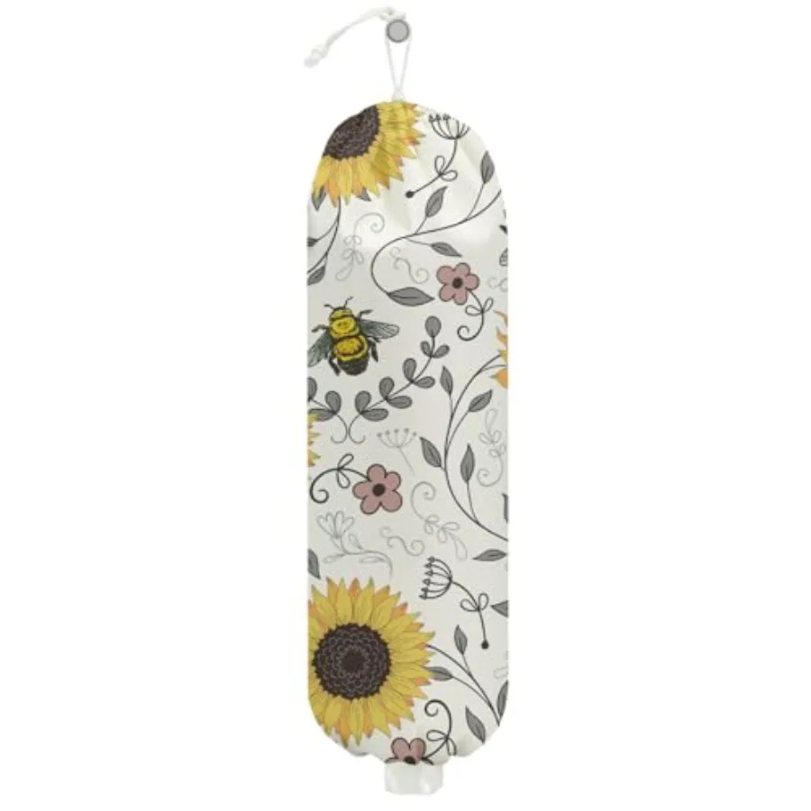 Sunflower Bee Plastic Bag Holder, Wall Mount Grocery Bag Holder, Plastic Storage bag, Pull Rope Free Adjustment, Plastic Bag Ho