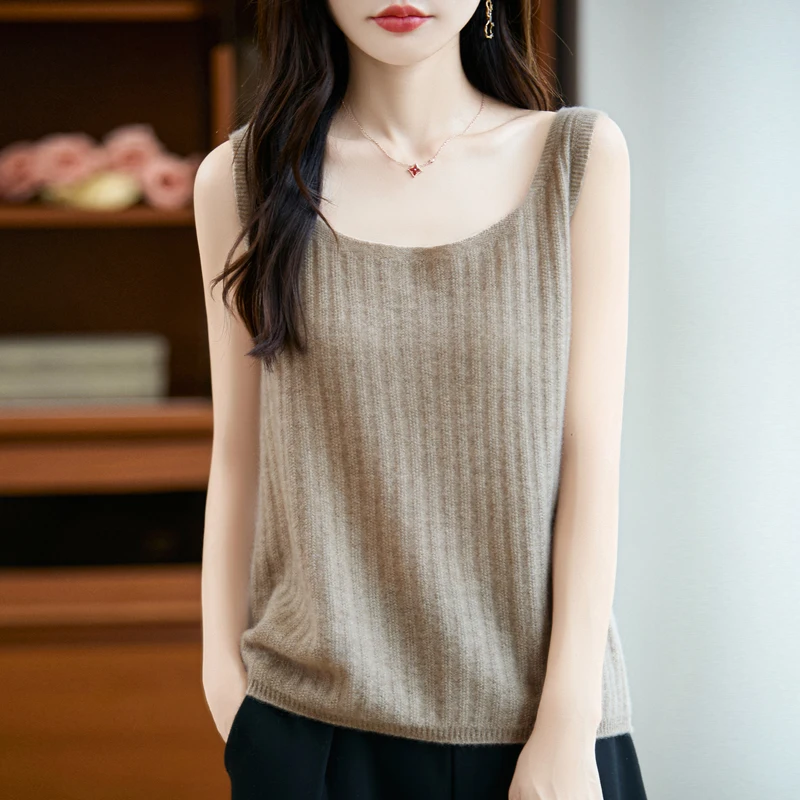 

DjzDsm Fashion U-neck Striped Suspender Women's 100% Merino Wool Suspender Vest Solid Color Sleeveless Knit Top Women's Clothes
