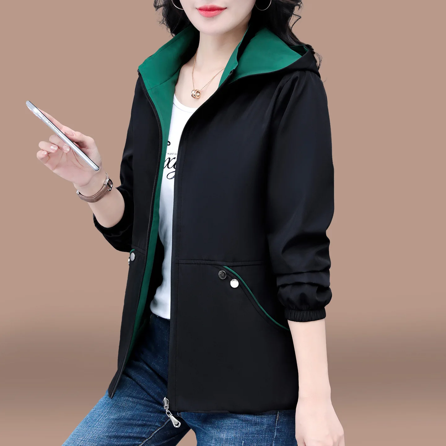 المرأة على الوجهين خندق معطف 2025 معطف ربيع الخريف موضة فضفاضة مقنعين سترة غير رسمية متعددة الاستخدامات الإناث سترات واقية ملابس خارجية