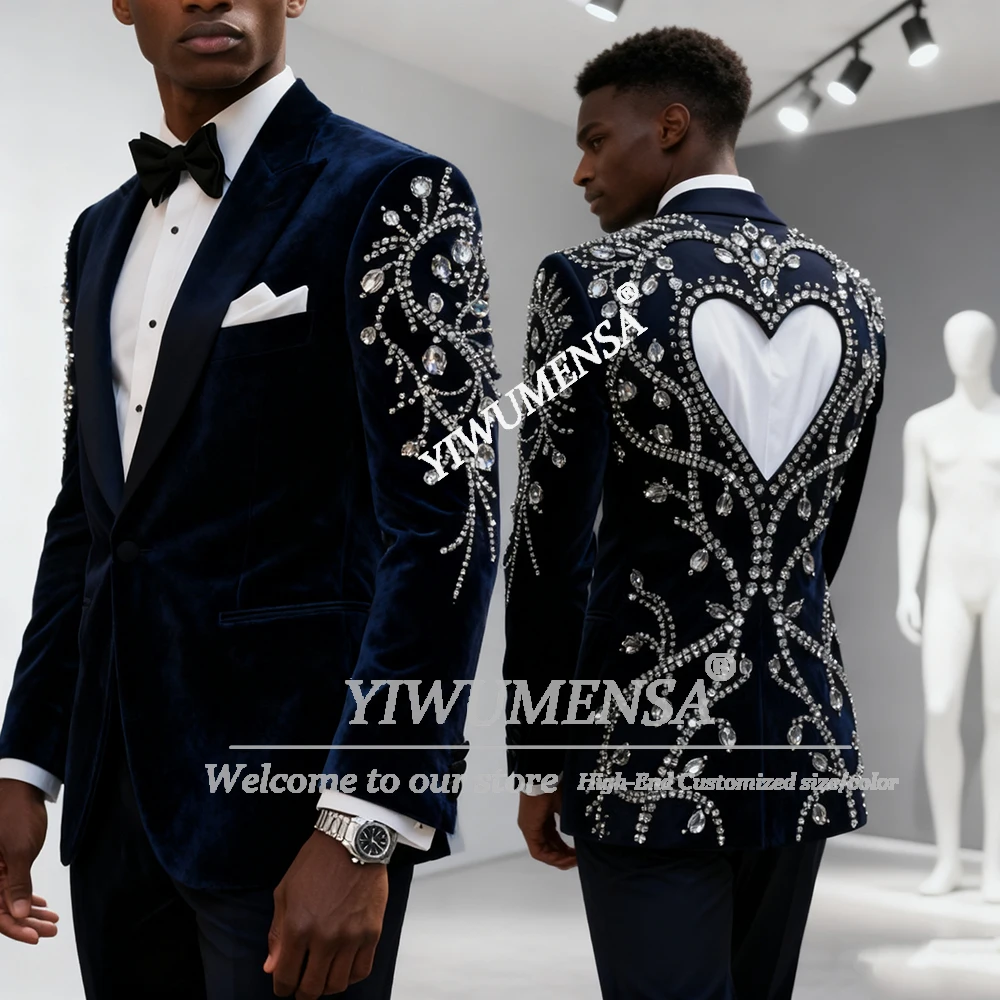 

Diamond Beaded Suits Men For Wedding 2 Pieces Sets Velvet Prom Blazers Customized Groom Tuxedos Cut-Out Back trajes para hombre