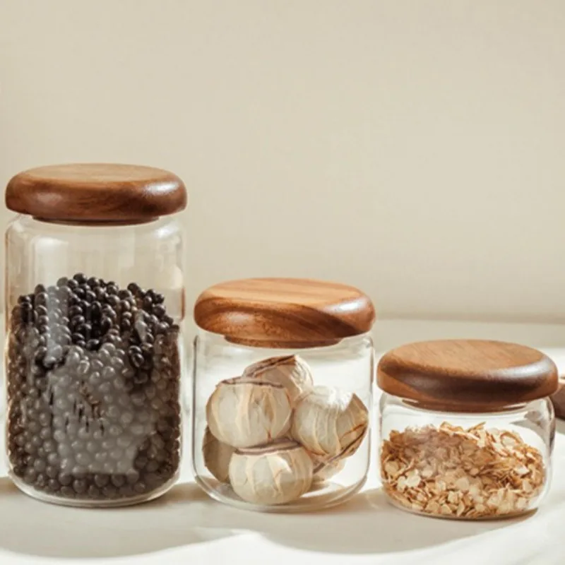 ​​​​​​​Food Grade Airtight Glass Storage Jars with Lids Portable Round Containers for Tea Dry Foods Kitchen Pantry Organization