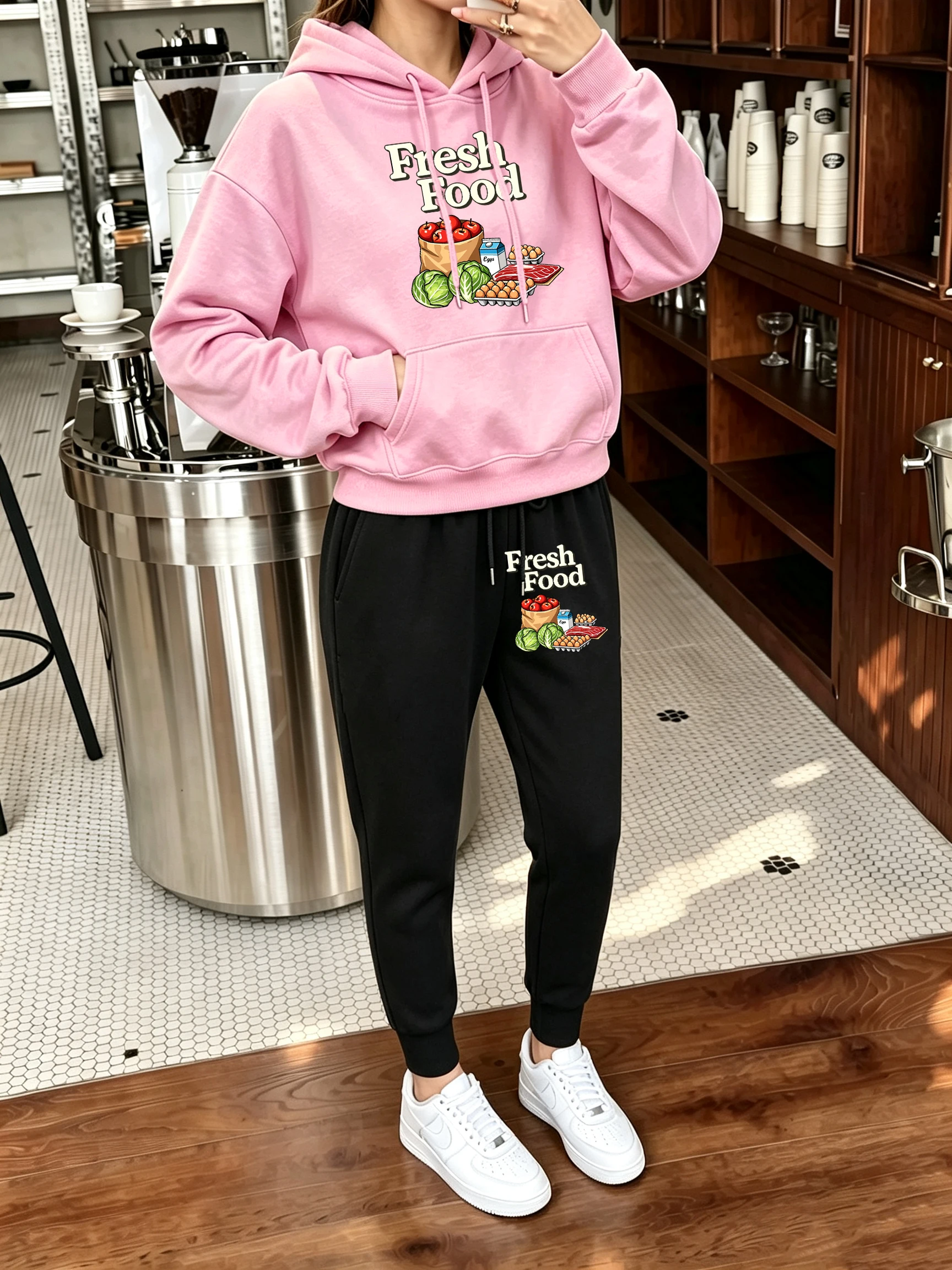 Fresh Food Meat Egg Milk Design Y2K Women'S Hoodie Set Fleece Autumn Jogging Pants Pocket Drawstring Tracksuit Loose Sweatpant
