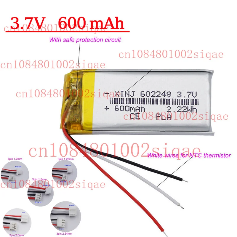 3.7V 600mAh 2.22Wh Li Battery Li-ion 602248   NTC Thermistor JST 3Pin Connector