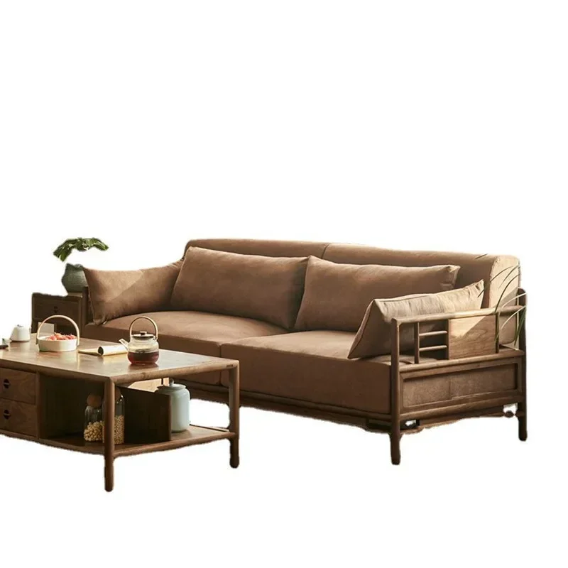 

New Chinese light luxury fabric solid wood sofa combination black walnut three double living room modern and simple