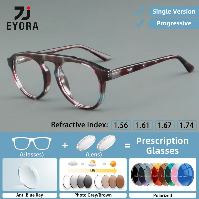 

EYORA Retro Acetate Round Anti Blue Light Reading Glasses Anti-Reflection Myopia Eyewear Photochromic Progressive Eyeglasses