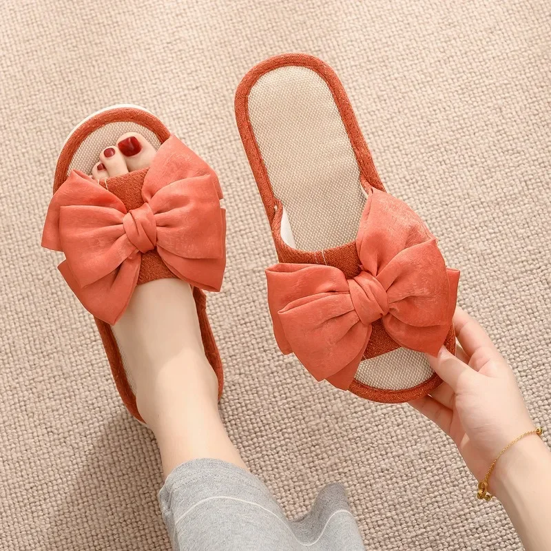 New 2024 Fashion Bow Linen Slippers Spring and Summer Indoor Open Toe Slippers Cotton Linen Women\'s Sandals