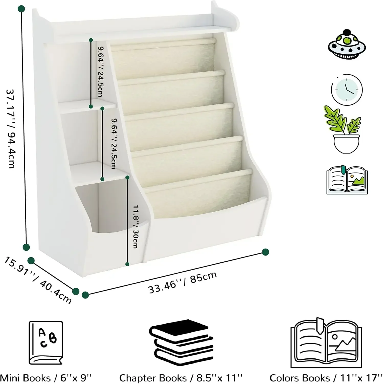 Kids Bookshelf, 4 Sling Toddler Bookcase, 4 Tier Display Shelves, Wooden Book Rack, Baby Toy Storage Organizer Cabinet, Floor Ch