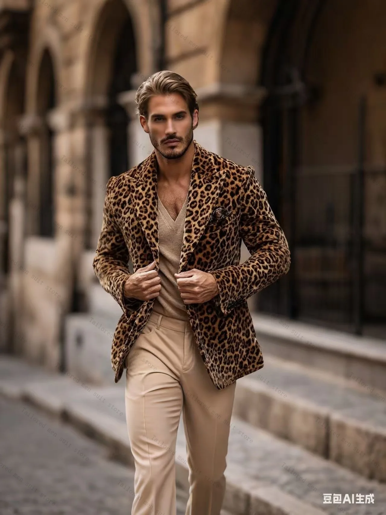 

Brown Men Suits Set 2 Pieces Blazer+Pants Trousers Animal Leopard Wedding Tuxedos Jacket Formal Office Cotton Customized Coat