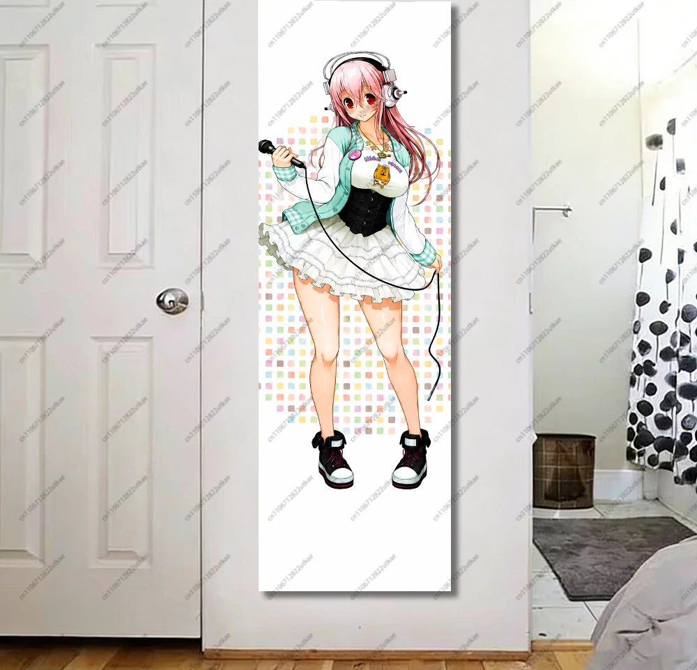 S-Super S-Sonico Singer Outfit With Headphones Microphone Print Long Vertical Banner Tapestry Rainbow Dot Background Otaku Door