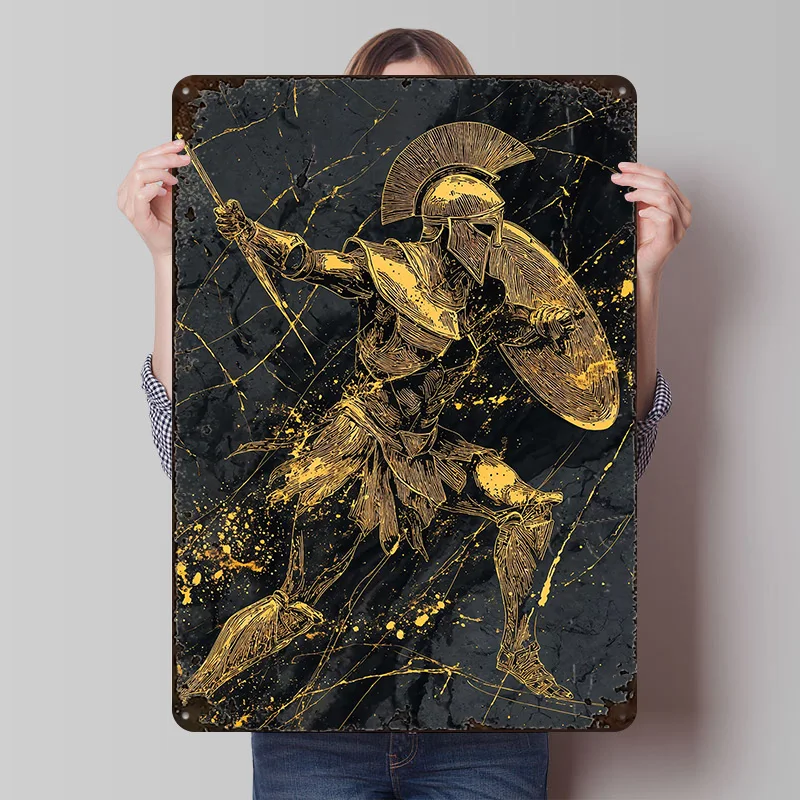 Spartan Warrior Spear Shield Drawing Printing Poster Customized Retro Wall Art Vintage Metal Signs for House Decor Room Man Cave