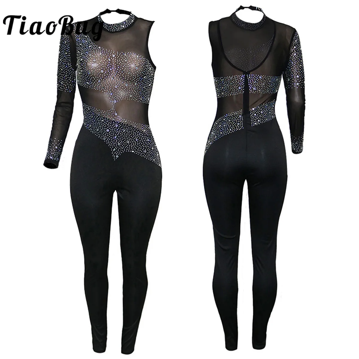 Womens Sparkling Rhinestone Body Jumpsuit Mesh Single Long Sleeve Ballet Gymnastics Leotard Fitness Sports Figure Skating Suit