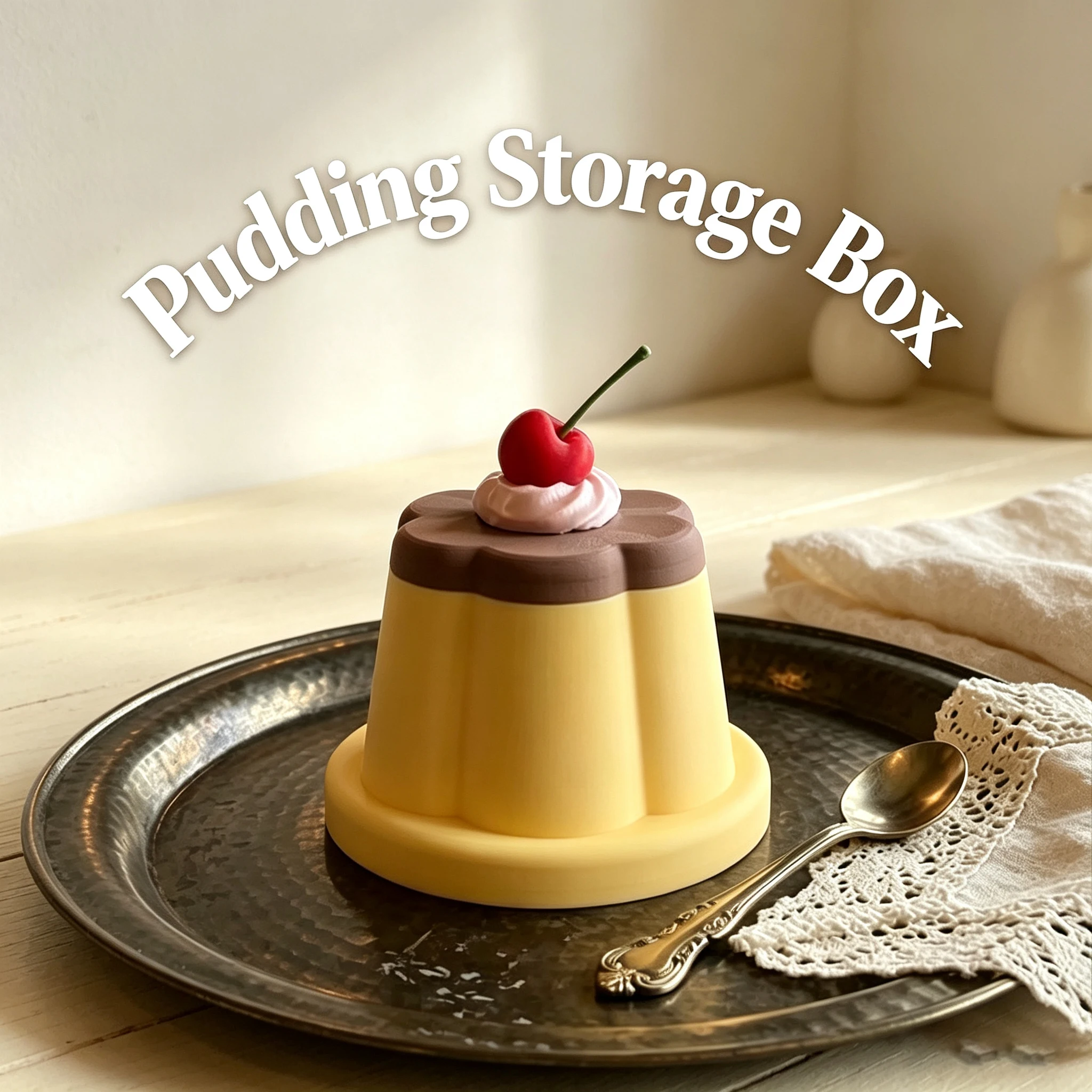 Kawaii 3D Ornament Printed Pudding-Shaped Storage Box Cute Cherry Cake Desktop Organizer Girly Jewelry and Miscellaneous Storage