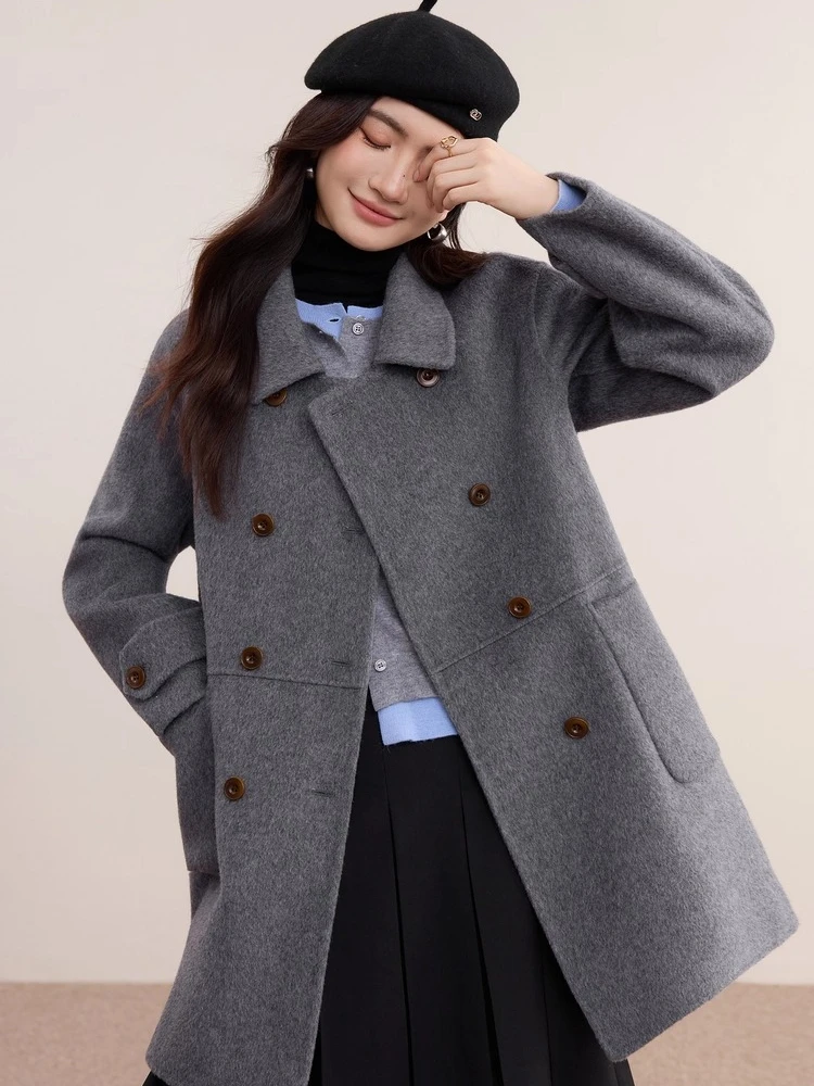 

SENTUBILA Women's 100% Double Faced Woolen Coat 2025 Winter Contrast Color Double Breasted Buckle Loose Commuter Coat W54OA2434