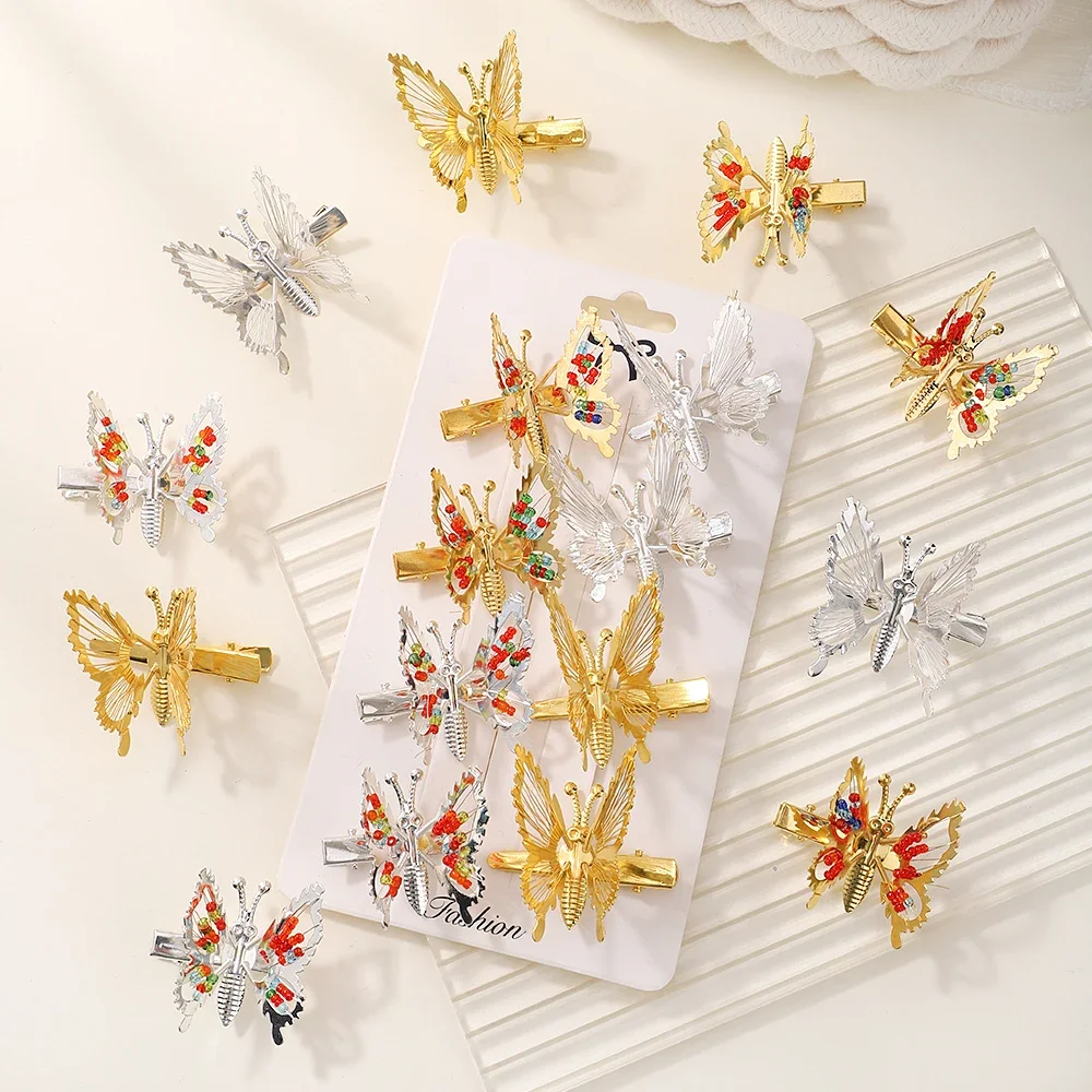 2/8Pcs Metal Butterfly Hair Clips Alloy Beaded Wings Women Girls Headwear Alloy Gold Duckbill Clip Holder Hair Accessories Gift