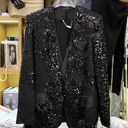 Spring European Brand V-neck Temperament Socialite Sequin Jacket For Women, Mid To Long Style, Stylish Thin Style, Sparkling Top