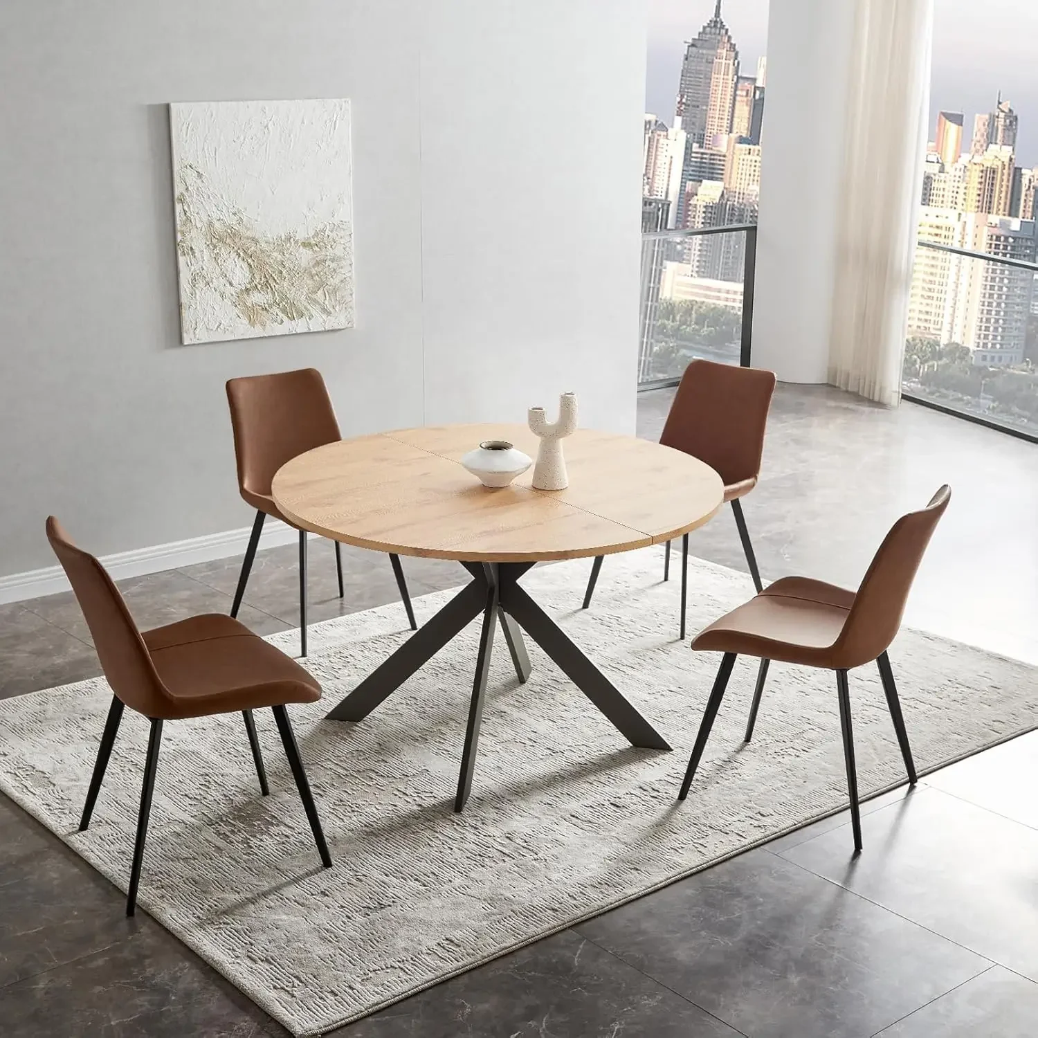 Round Dining Table Set, Mid Century Modern Round Dining Table for 4-6 Person, Steel Legs, Leisure Coffee Table for Kitchen Dinin