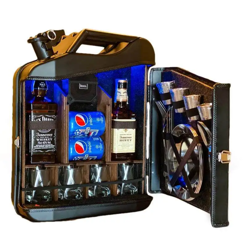 Mini Bar with Wooden Rack for Home Canister Bar Father's Day Gift Custom 20L Black Matte Fuel Metal Jerry Can