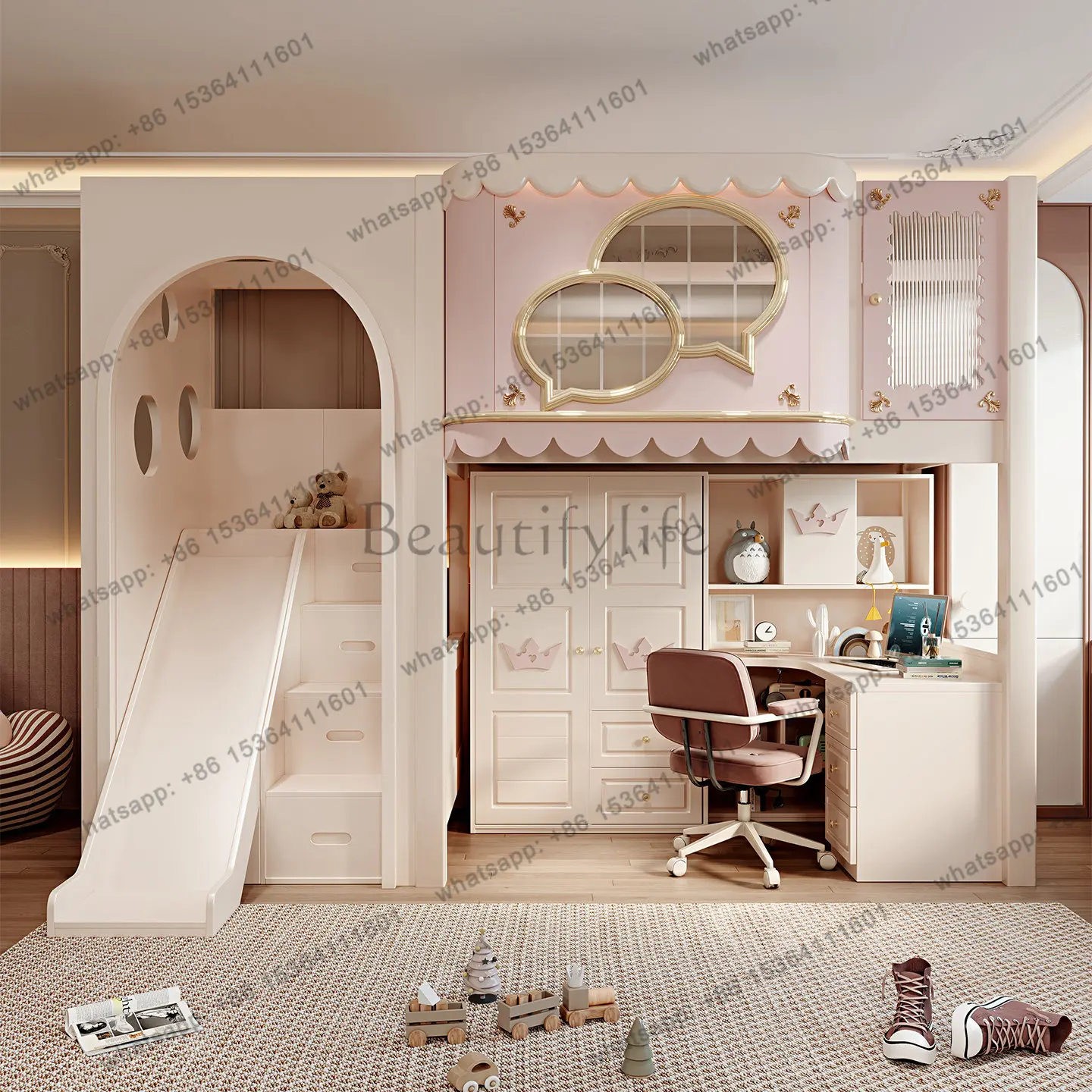 Solid wood multifunctional bed under table combination bed desk castle
