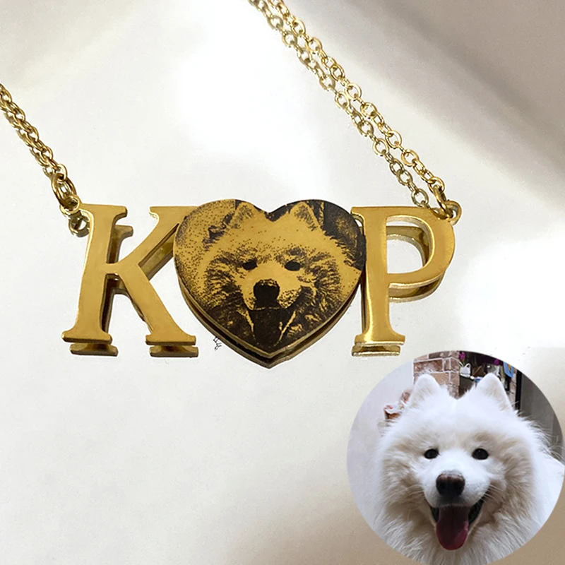 

Dog Tag Photo Personalized Name Necklace Stainless Steel Heart Pet Picture Initial Letter Customized Pendant Necklace Jewelry