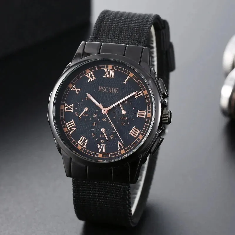 4pcs Brown Nylon Strap Quartz Watch With Bracelet For Men Casual Fashion Round Watch In Daily Sport