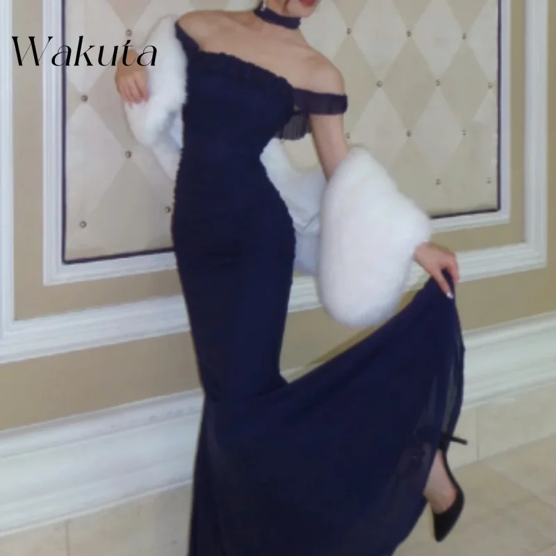 Wakuta-vestido De gasa con hombros descubiertos para Mujer, traje Retro francés sin tirantes, clásico, con pliegues en la cintura, De espina De pescado, elegante