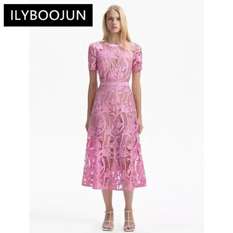 

ILYBOOJUN Summer New Style Runway Designer Dress Women's Round Neck Embossed hollow Flesh color in the lining Splice Dress