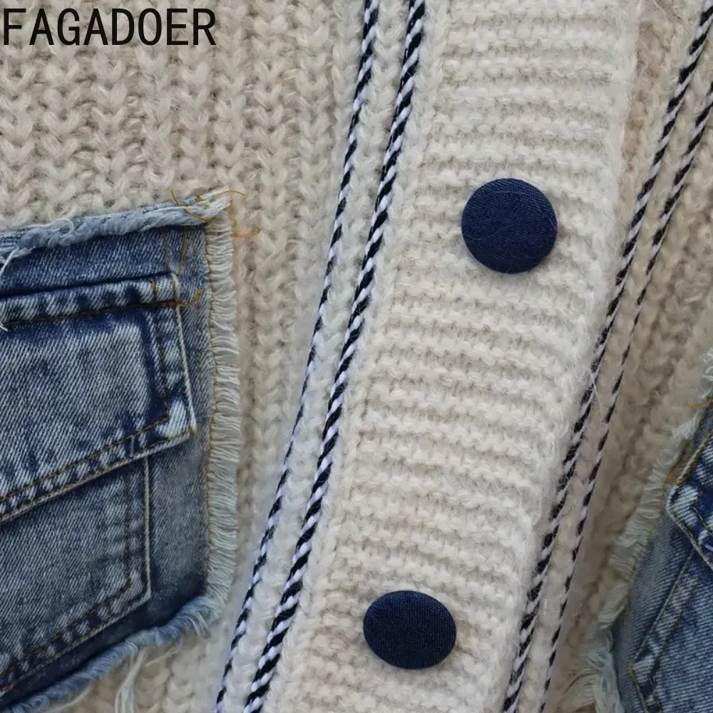 FAGADOER White Knitted Sweater Stitching Tops Women Fashion V Neck Long Sleeve Loose Denim Pocket Patchwork Cardigan Y2K Sweater