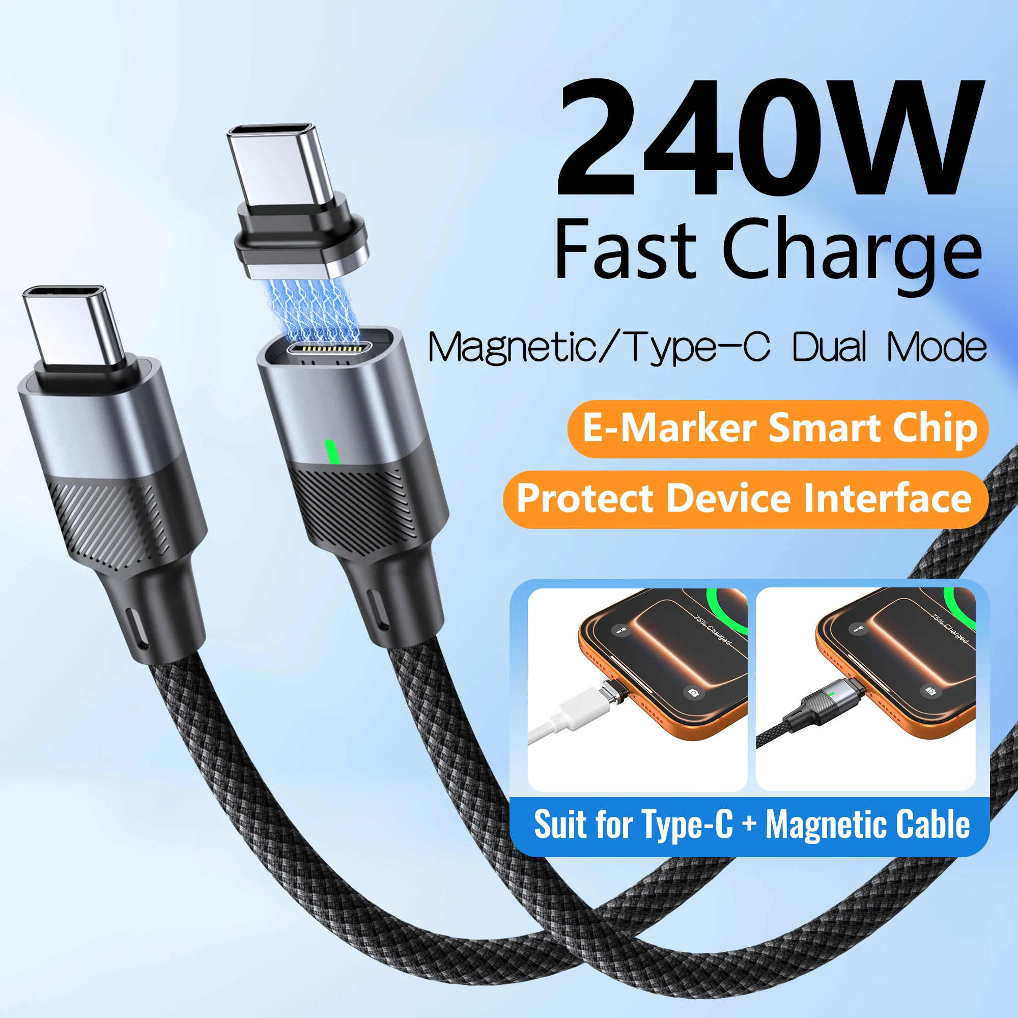 

1.2M 240W PD3.1 Fast Charging Magnetic Cable Type C to Type C Quick Charge Cable Laptop Mobile Phone Magnetic Usb C Data Cable