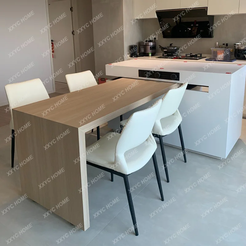 Rotating telescopic island dining table integrated modern rock slab middle island