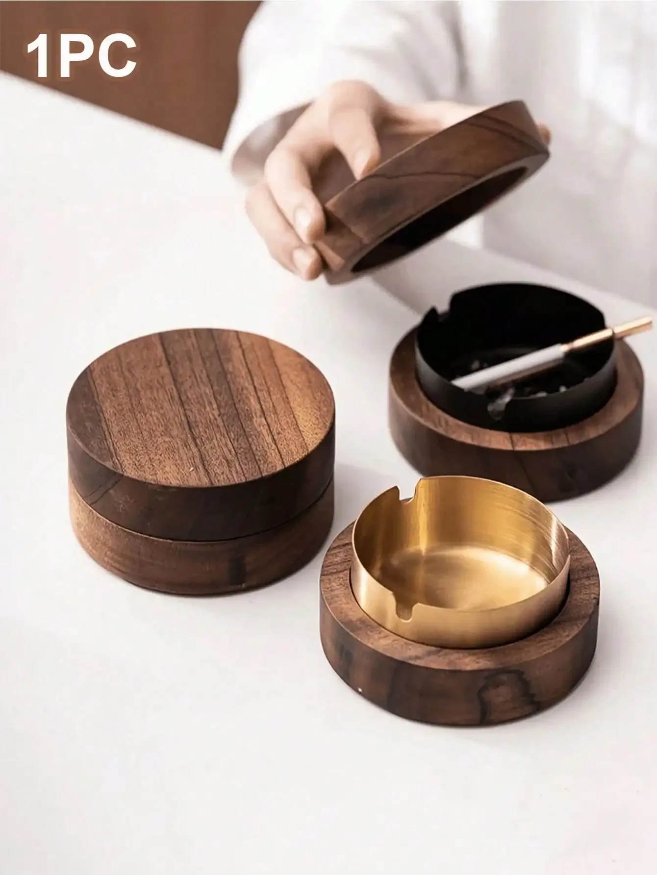 1pc Walnut Wood Desk Ashtray With Stainless Steel Windproof Cover, Smoking Accessory For Office/Home Decor (The Outer Shell Is Made Of Wood, The Texture And Color May Differ Slightly From The Picture, sh25071855121292097