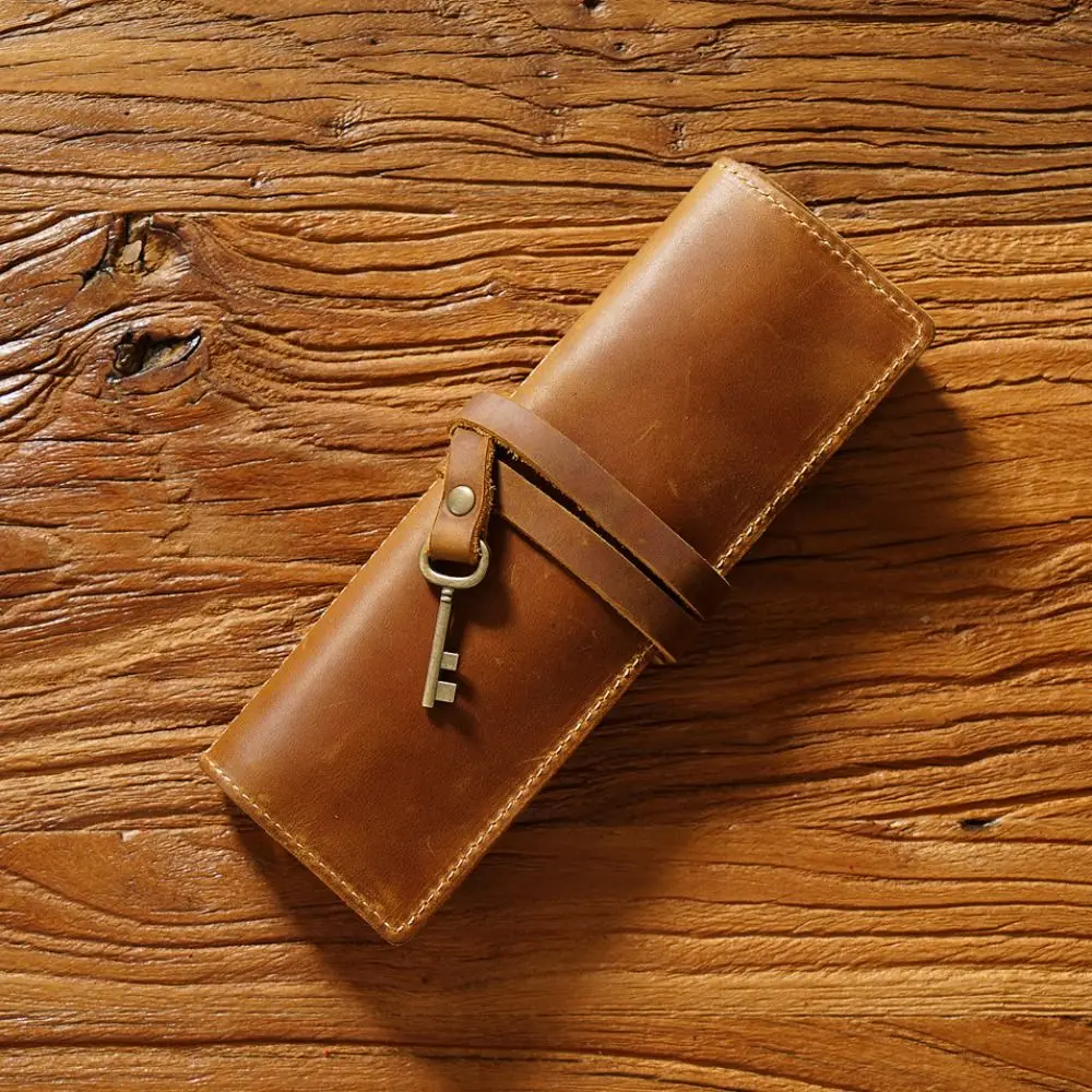 

Genuine Leather Genuine Leather Pencil Case Tie Rope Creative Foldable Leathe Pencil Bag Retro Foldable