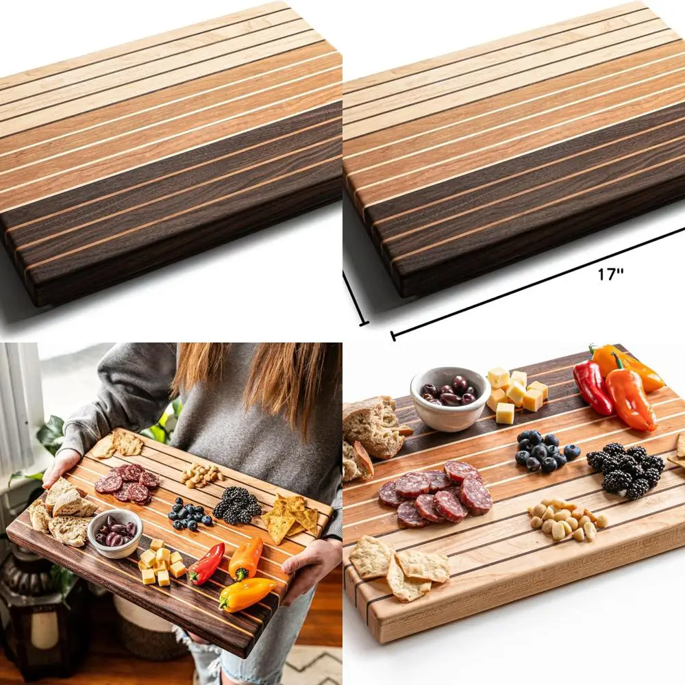 

Elegant XL Handcrafted Hardwood Cutting Board with Walnut, Cherry & Maple - 100% USA Made - Non-slip Rubber Feet, 17x12x1.25 inc