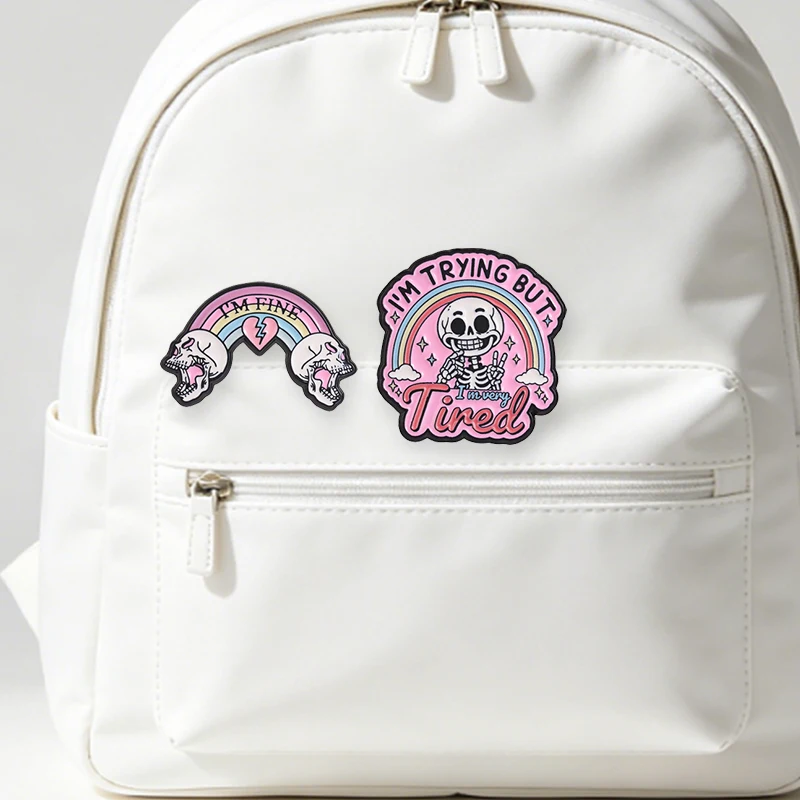 Pastel Goth I'm Fine Rainbow Heartbroken Skeleton Badge Enamel Pin I'm Trying But Tired Skull Brooches Lapel Badge Jewelry Gifts