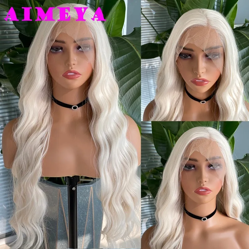 AIMEYA Platinum Blonde Long Natural Wave Wig Natural Hairline Daily Use Wig Synthetic Lace Front Wig Platinum Lace Hair Cosplay