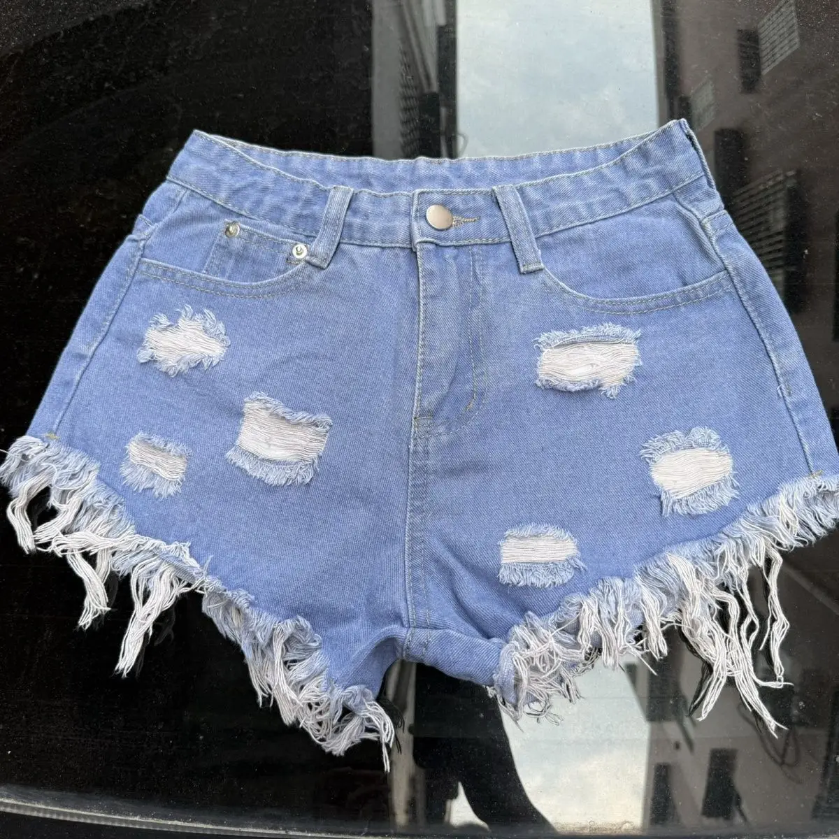 Light Blue High Waist Ripped Rough Edge Denim Shorts 2026 New Ripped Wide Leg Jeans Women Hot Pants