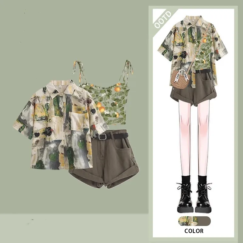 

2025 Korean Elegant Casual Denim Shorts Matching Set Women's Fashion Short Sleeved Shirt Top+vest+Vintage Pants 3-piece Suit