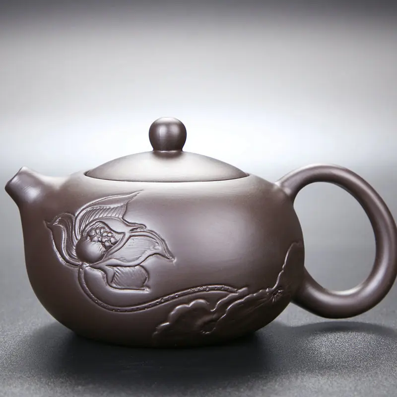 

Чайный сервиз кунг-фу из фиолетовой глины для домашнего использования, простой чайник, чайные чашки, чайные листья и аксессуары, резьба по лотосу, вечеринка