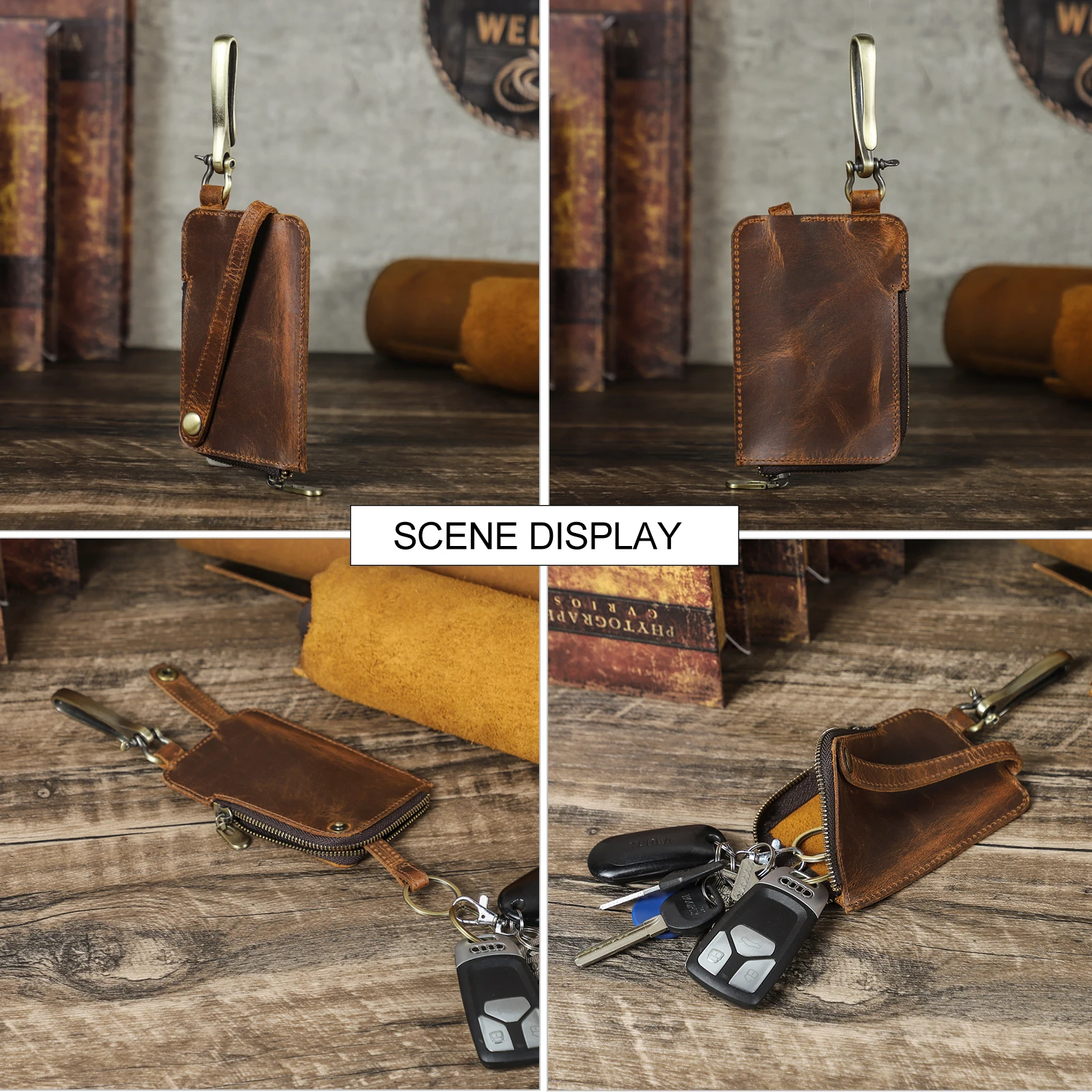 CONTACT'S Genuine Leather Key Wallets for Men Large Metal Hook Luxury Car Key Pouch Zipper Key Case Leather Key Organizer Male