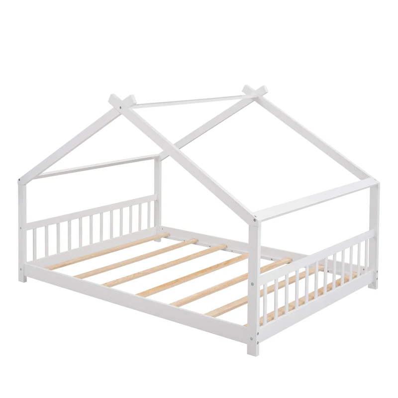 Full Size Wooden House Cama, Branco, Cama