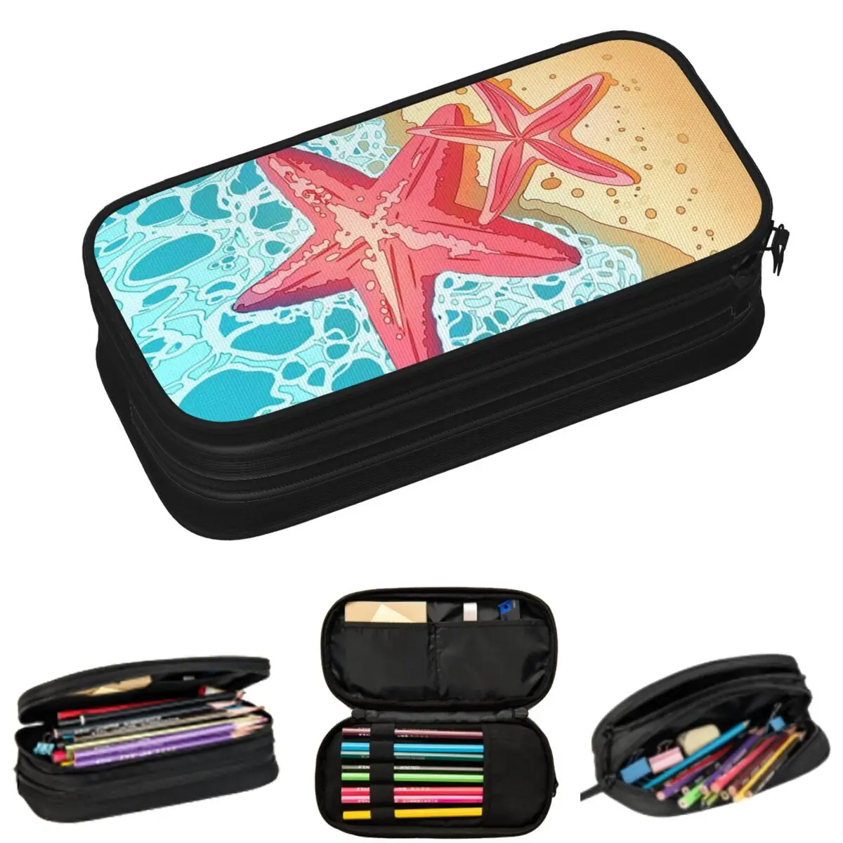 

Beach Starfish On A Beach Sand Pencil Cases for Student School Pen Box Pencil Bag Big Capacity Pencil Pouch