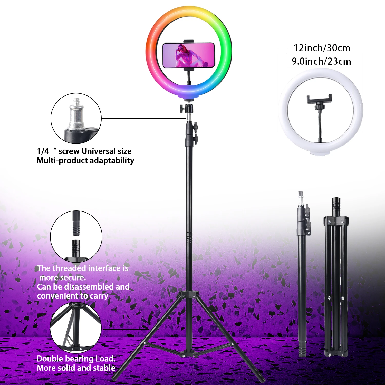 حامل ثلاثي قابل للتمديد مقاس 63 بوصة مع ضوء حلقة RGB مقاس 12 بوصة، وحوامل هاتف وعصا سيلفي مقاس 160 سم، وإضاءة LED للتصوير الفوتوغرافي #2