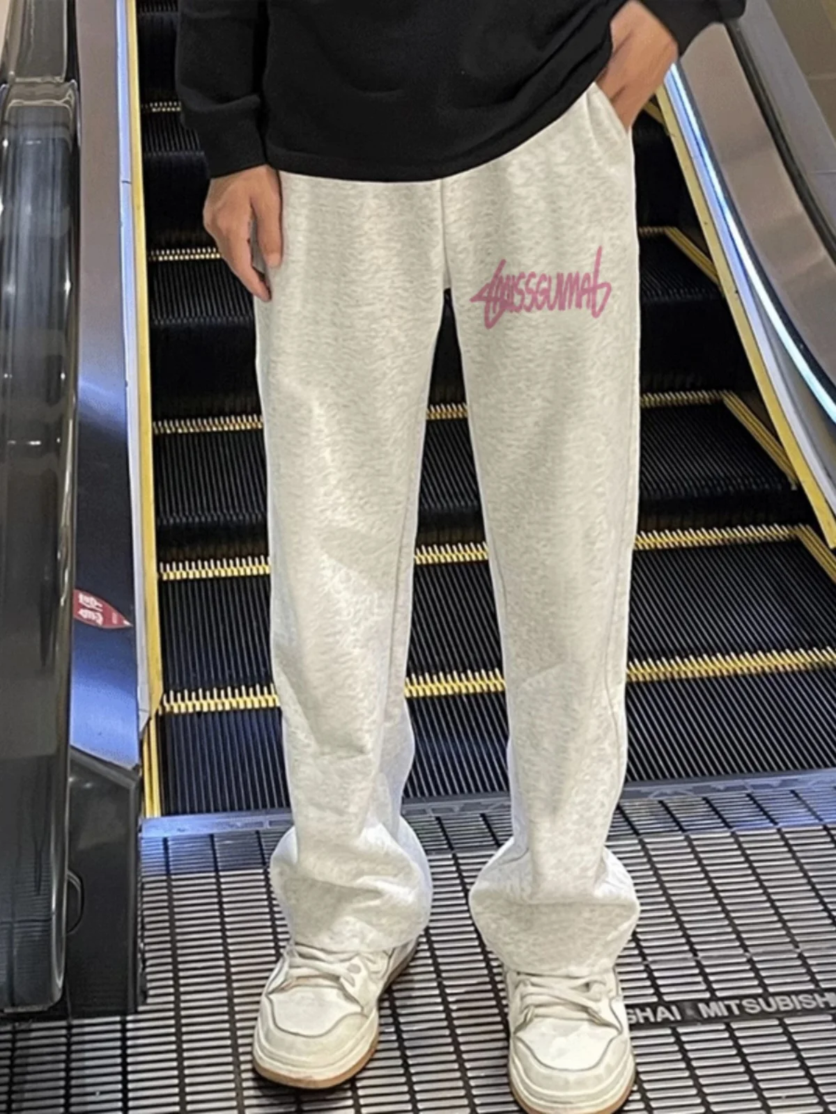 

American Sle Letter Print Straight Leg Sport Pants Men's Casual Loose Wide Leg Dstring Long Trousers Autumn Winter