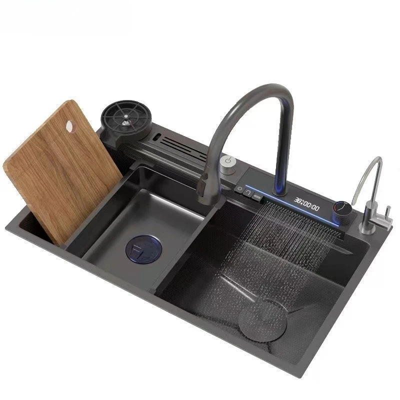 Grifo de cascada de gran oferta, fregadero de cocina negro de panal biónico de ranura única de acero inoxidable 304 con pantalla Digital Led