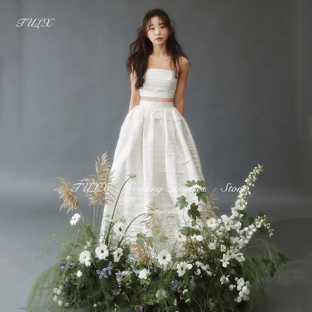 TULX Elegant 2pcs Wedding Photo Shoot Dress Strapless Floor Length Tiered Korea Bridal Gowns Sleeveless Corset 웨딩드레스 Customized