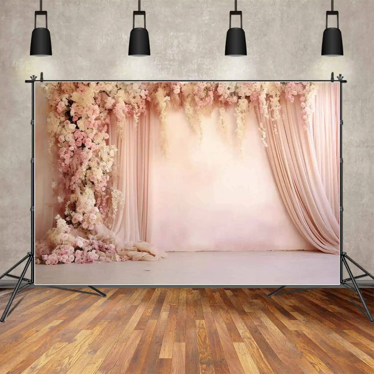 MOON.QG Backdrop Wedding Drapes Pink Flower Curtain Wall Photo Background Floral Fringe Decor Bridal Shower Party Shooting Props