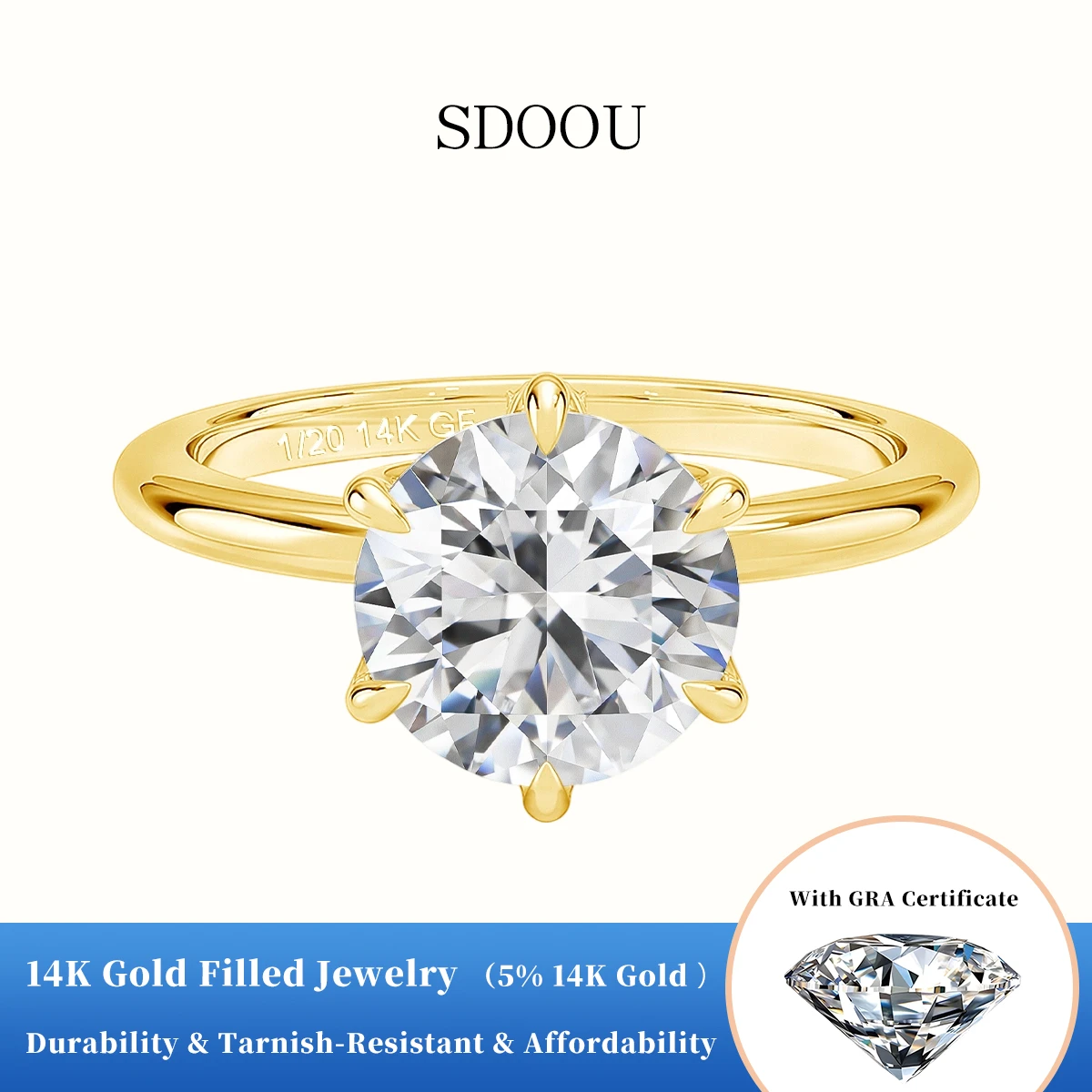 

SDOOU Classic 14K Gold Filled Six Claw 2ct Solitaire Moissanite Wedding Ring D VVS1 Everyday Wear Jewelry Gift for Women