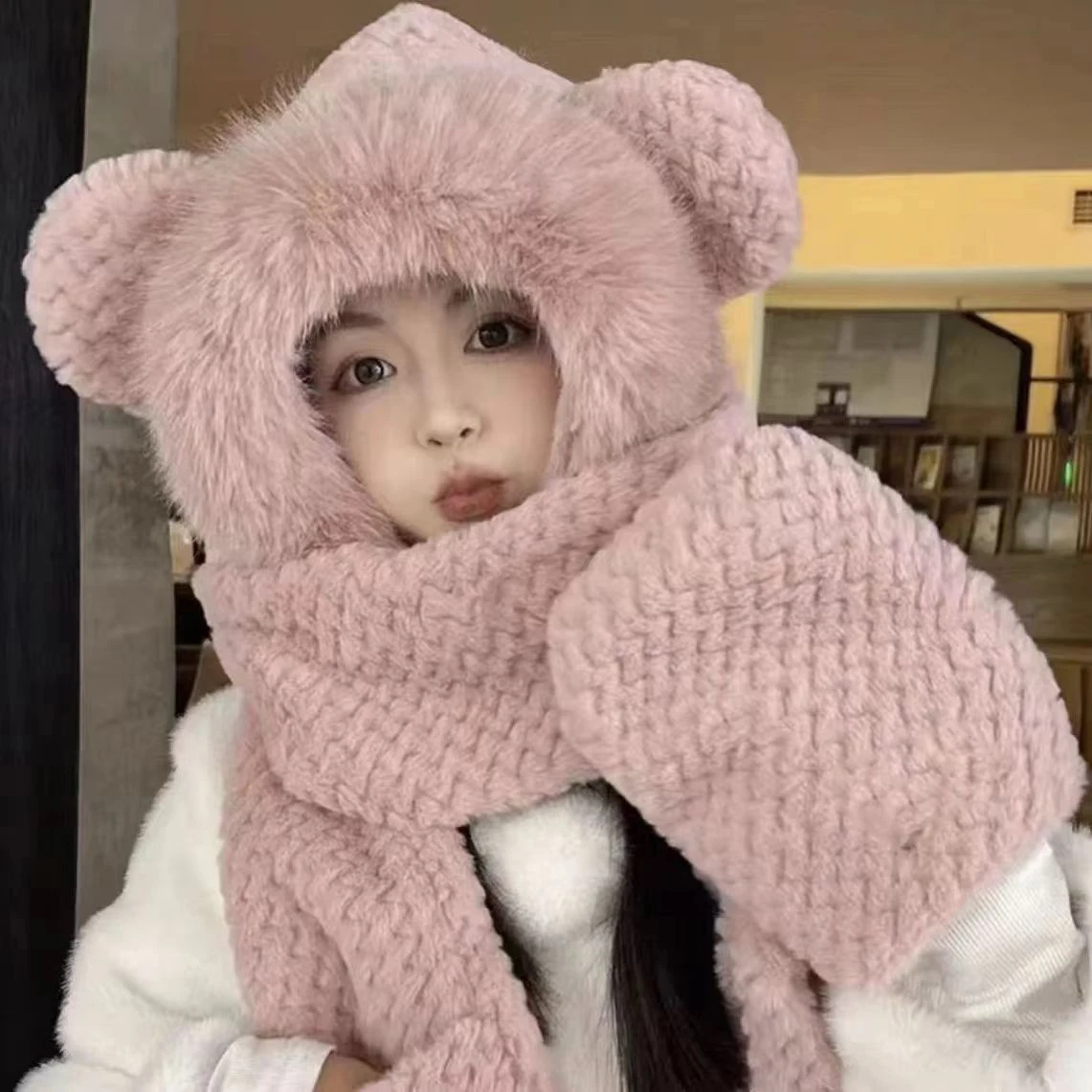 Autumn and Winter Cute Ears Hats Scarves Gloves Three Piece Set Women'S Warm And Versatile Plush Set  Thick Hat Wholesale