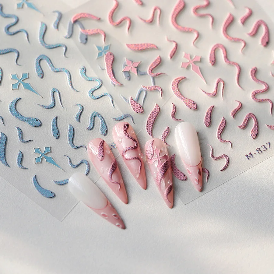 Snake Cartoon Animal Pink Blue 5D Nail Art Stickers Lotus Flower Cross Eyes Star Moon Love Heart Self Adhesive Manicure Decals